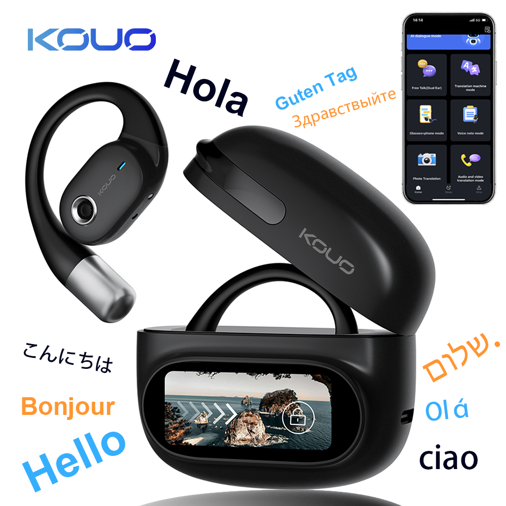 KOUO Wireless Bluetooth 5.4 Open-EarphonesHeadphones with SmartTouch Screen 70H PlaytimelPX7Waterproof Sturdy Noise Free Chargeable